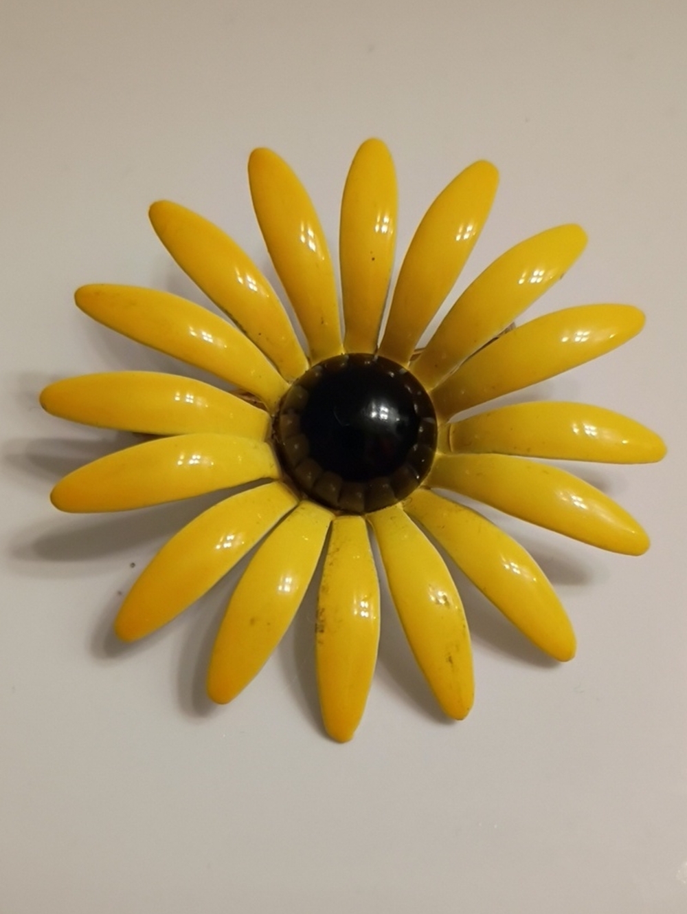 Yellow Enamel Daisy Brooch Flower Power Mid Century
